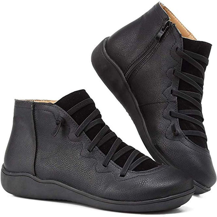 Women's Flat Lace-Up Side-Zip Faux Leather Ankle Boots - Black