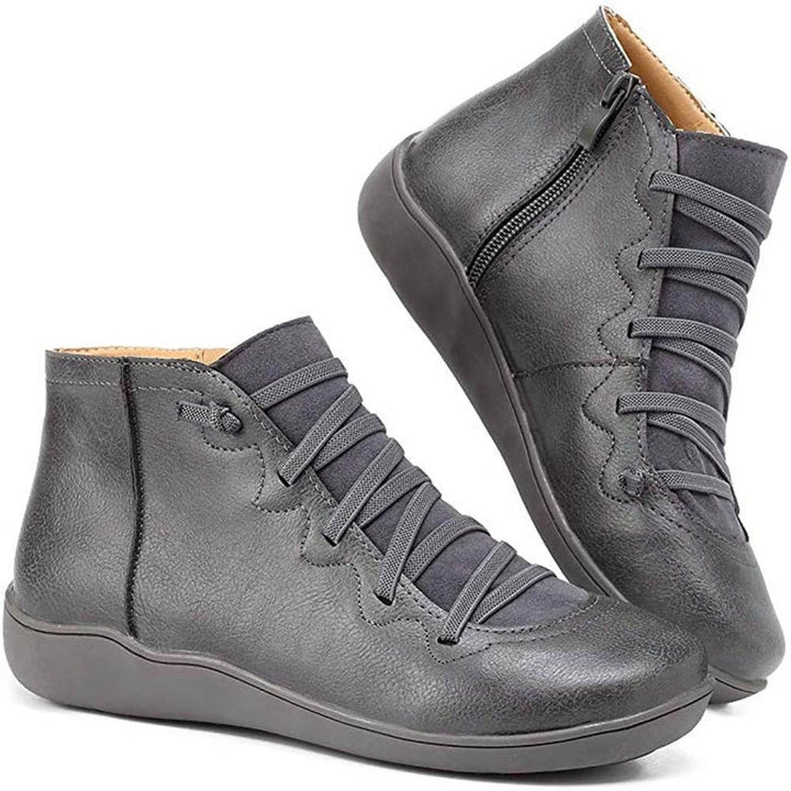 Women's Flat Lace-Up Side-Zip Faux Leather Ankle Boots - Grey