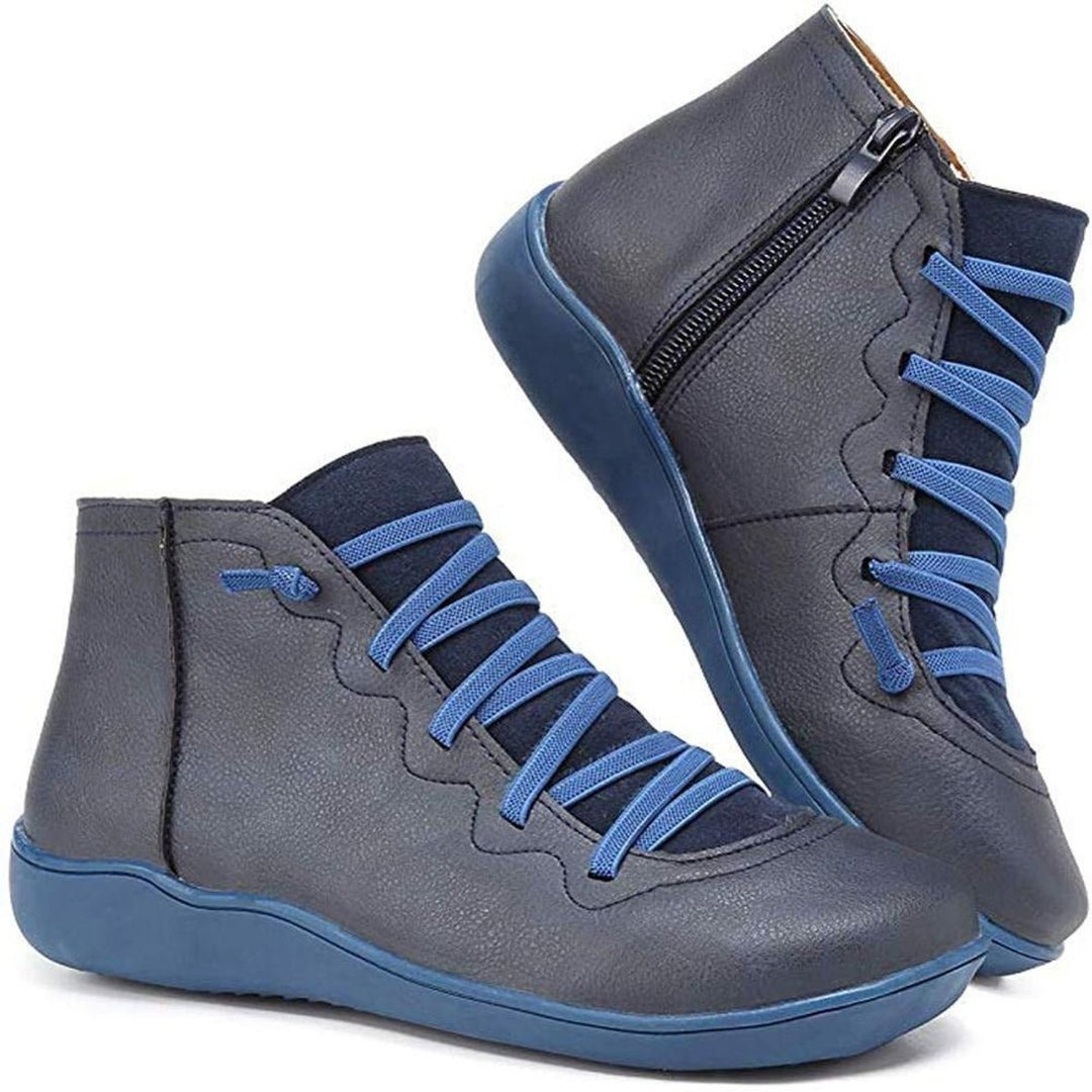 Women's Flat Lace-Up Side-Zip Faux Leather Ankle Boots - Blue