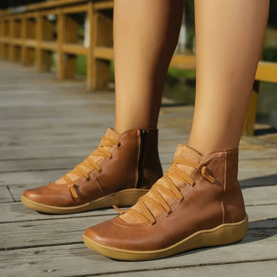 Women's Flat Lace-Up Side-Zip Faux Leather Ankle Boots