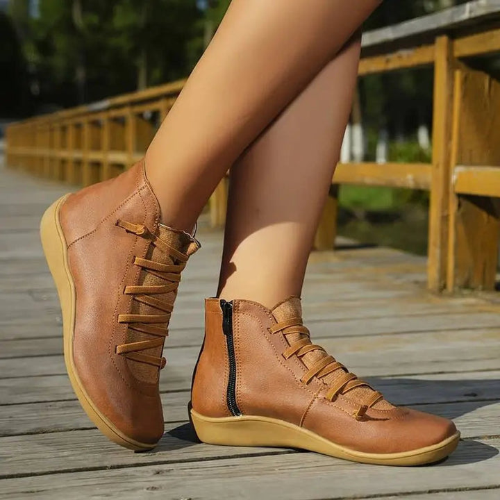 Women's Flat Lace-Up Side-Zip Faux Leather Ankle Boots