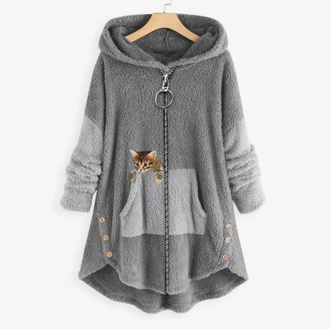 Women's Fleece Hooded Zip-Up Sweater Plush Cat Pocket Jumper - Grey