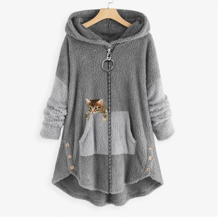 Women's Fleece Hooded Zip-Up Sweater Plush Cat Pocket Jumper - Grey
