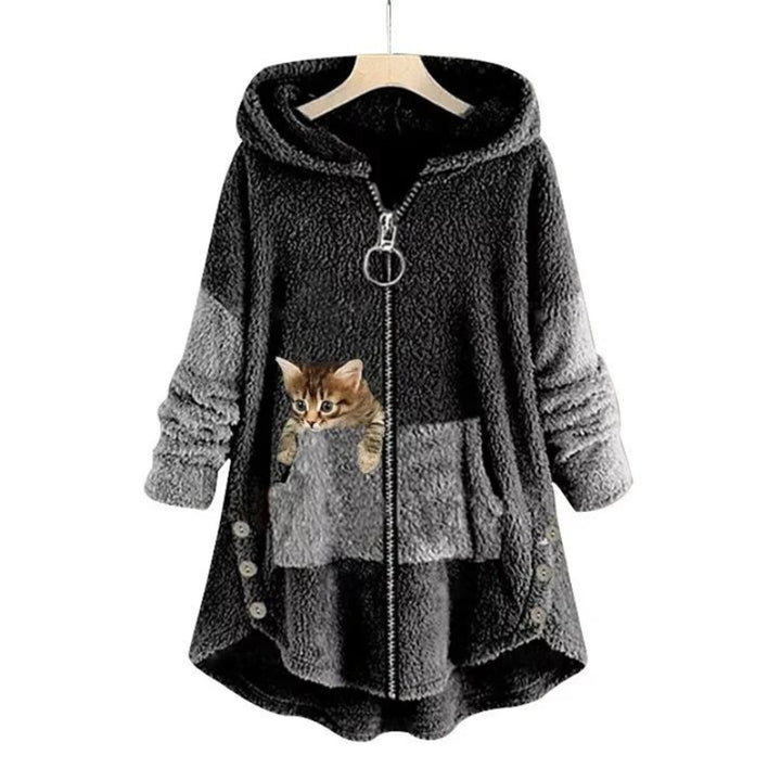 Women's Fleece Hooded Zip-Up Sweater Plush Cat Pocket Jumper - Dark Grey