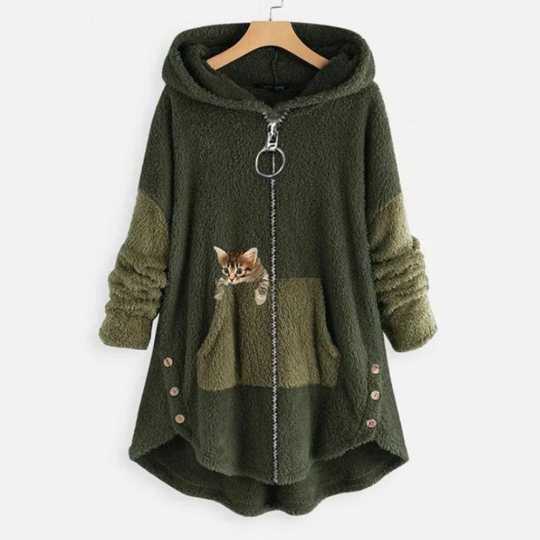 Women's Fleece Hooded Zip-Up Sweater Plush Cat Pocket Jumper - Green