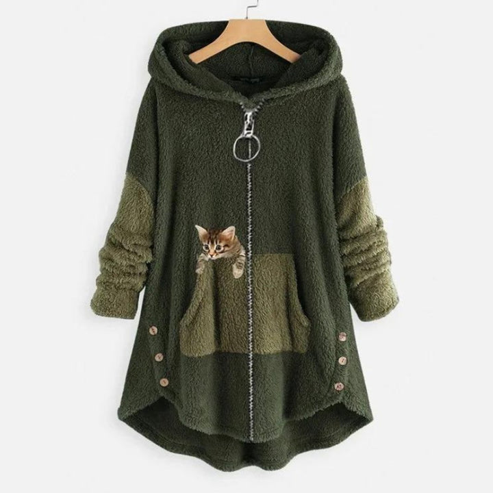 Women's Fleece Hooded Zip-Up Sweater Plush Cat Pocket Jumper - Green