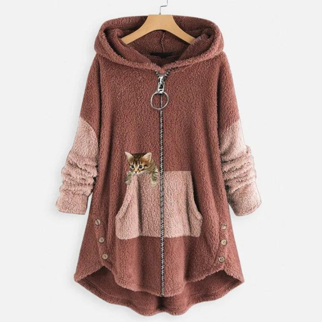 Women's Fleece Hooded Zip-Up Sweater Plush Cat Pocket Jumper - Pink