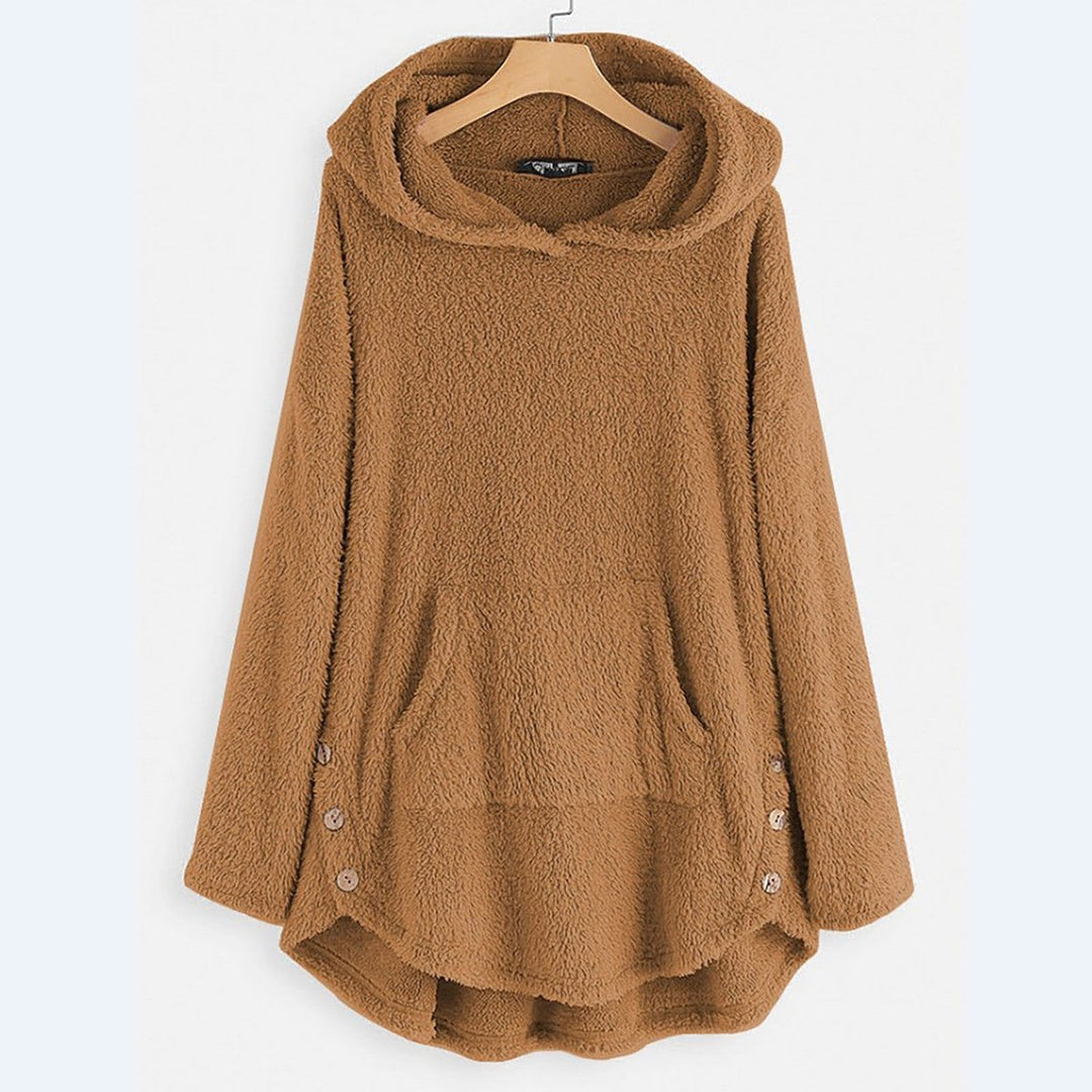 Women's Fleece Hooded Zip-Up Sweater Plush Cat Pocket Jumper - Beige