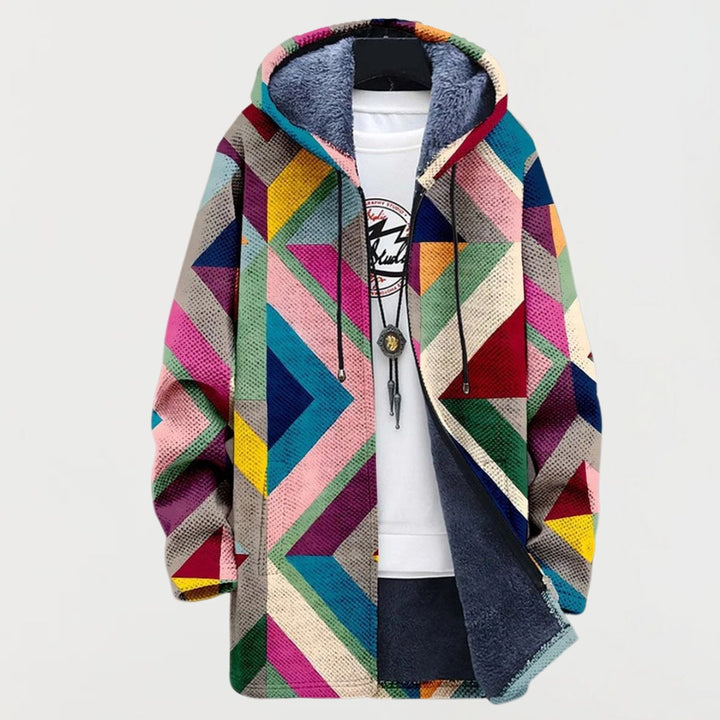 Women's Fleece-Lined Geometric Print Hooded Sweater Oversized Zip-Up - Multicoloured