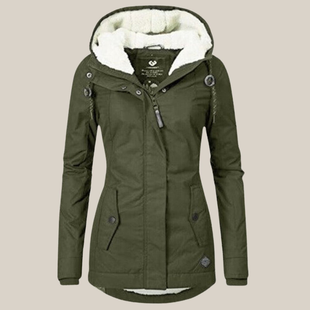 Women's Fleece-Lined Hooded Quilted Jacket Windproof Winter Coat - Green