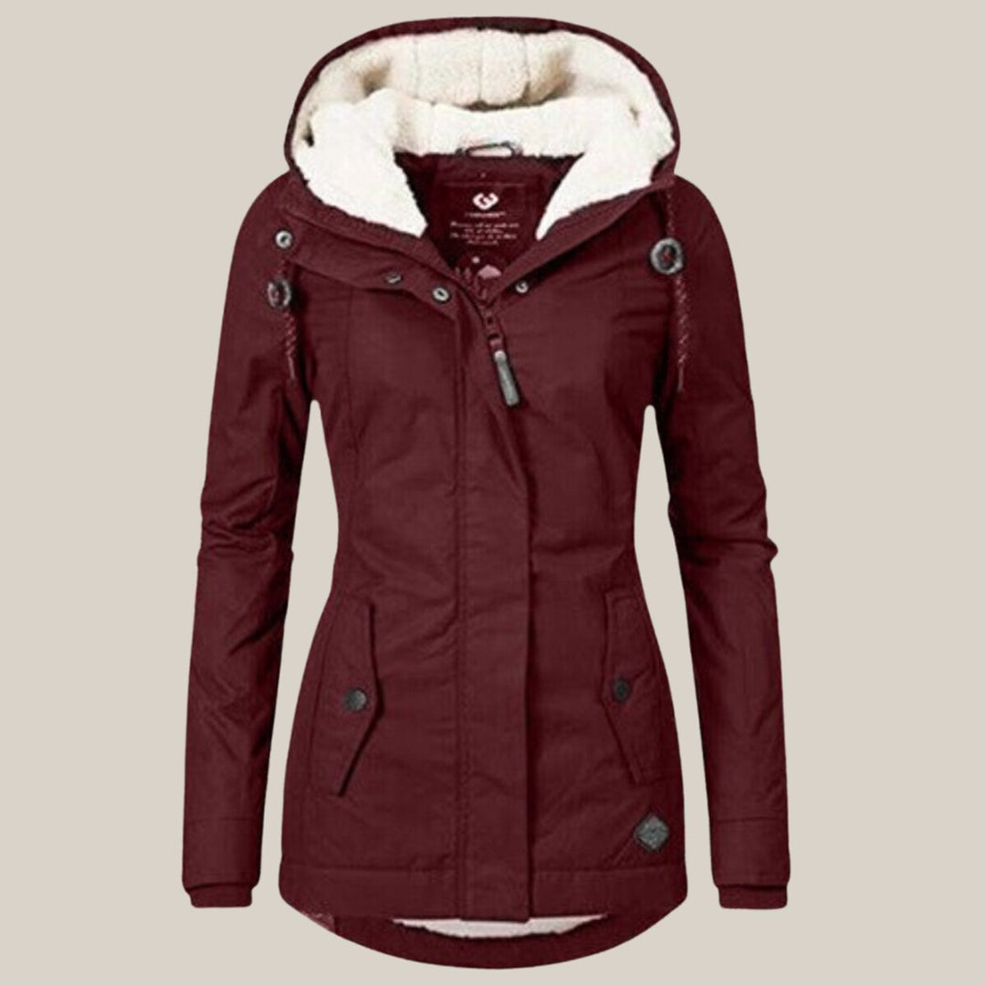 Women's Fleece-Lined Hooded Quilted Jacket Windproof Winter Coat - Red