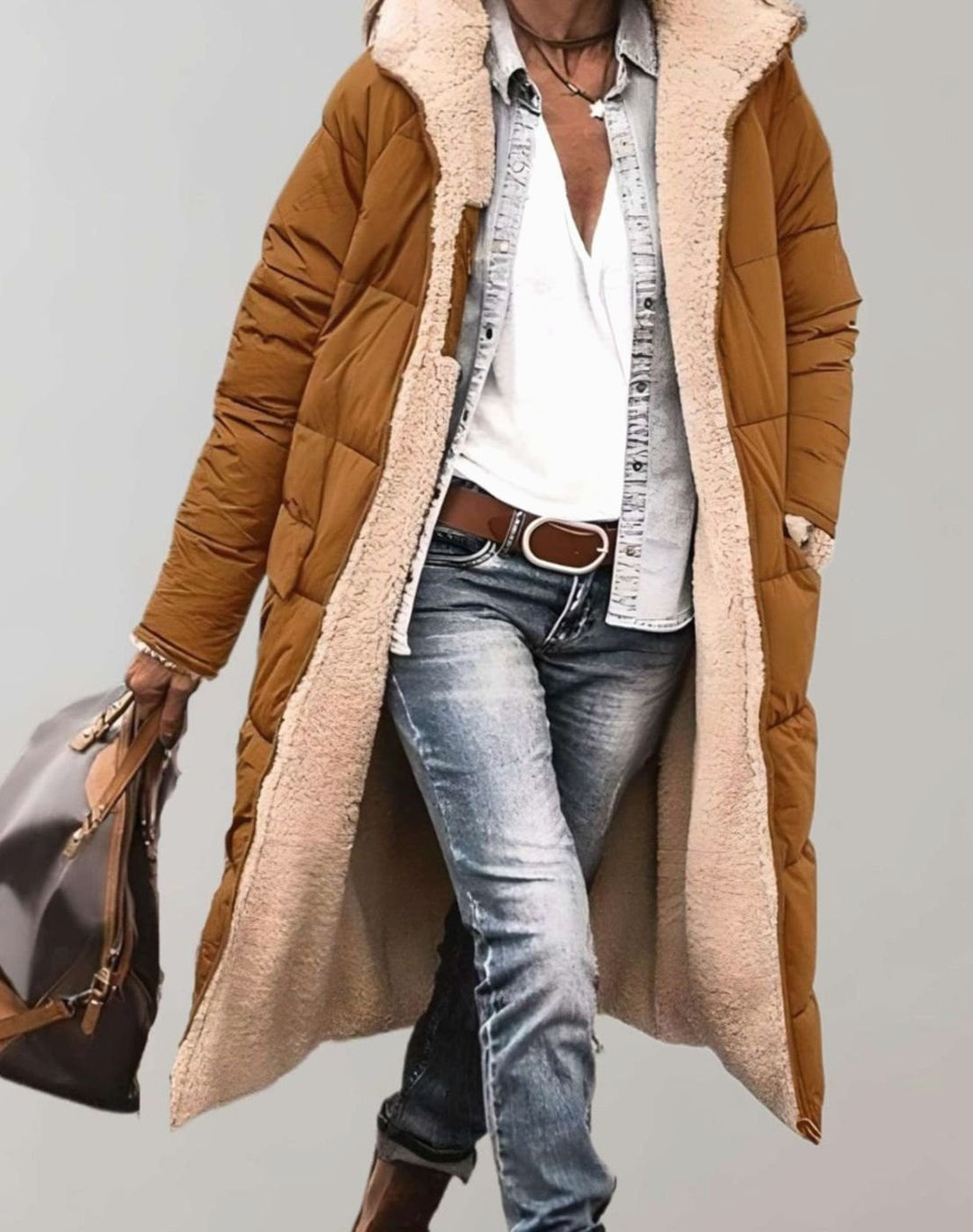Women's Fleece-Lined Long Hooded Quilted Coat - Brown