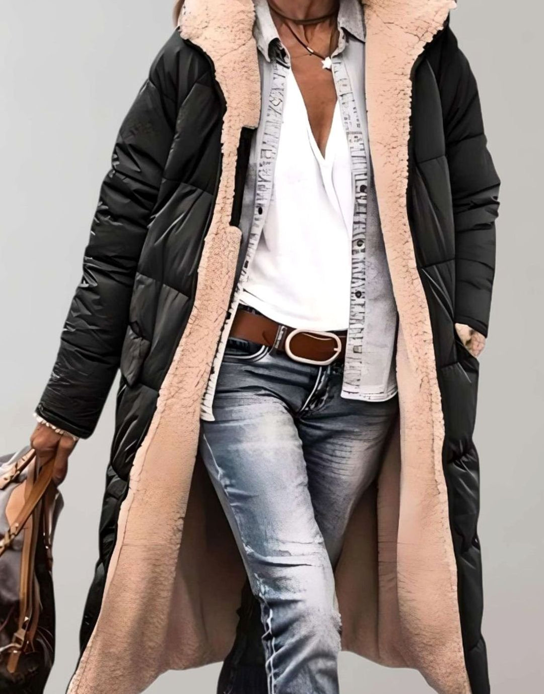 Women's Fleece-Lined Long Hooded Quilted Coat - Black