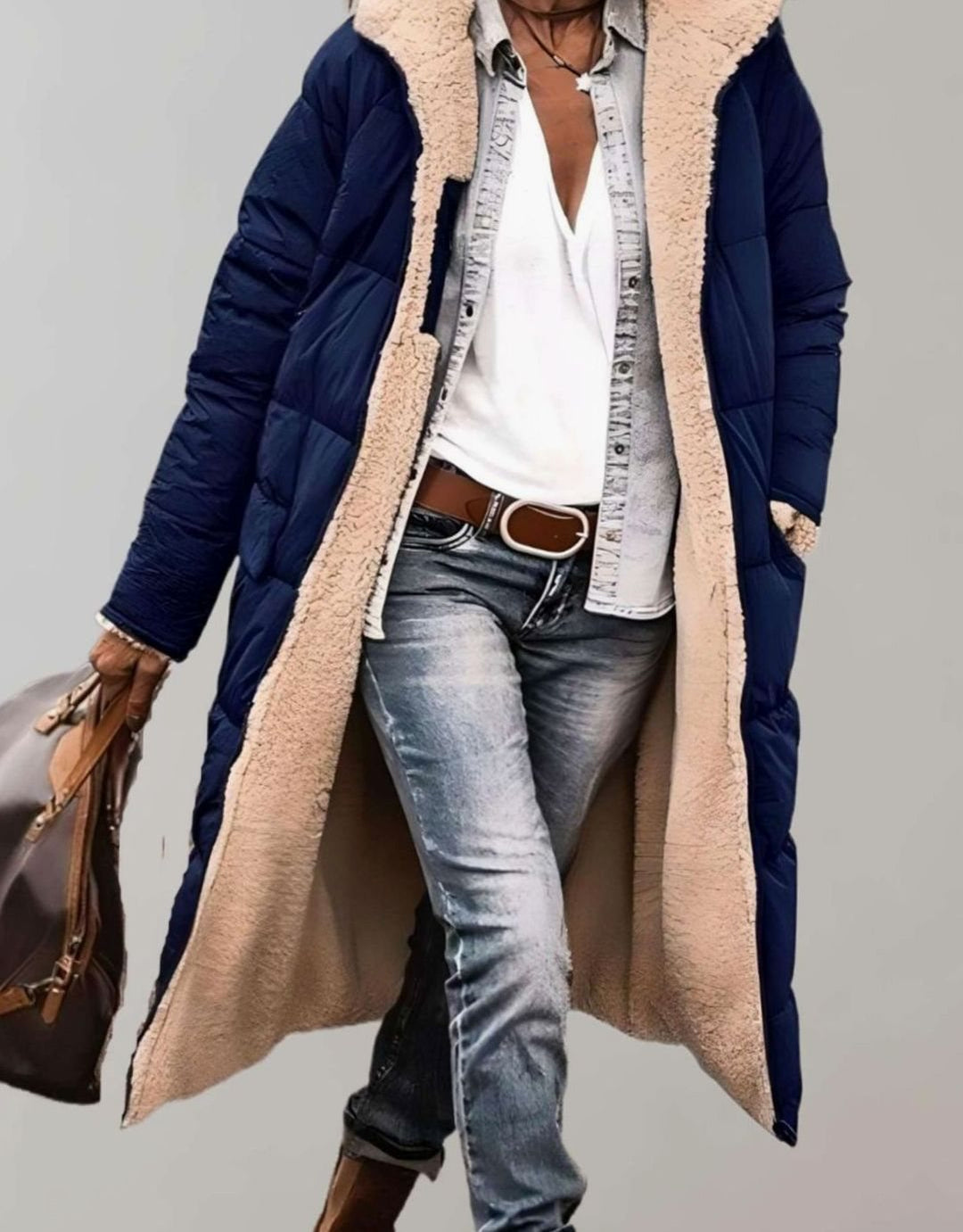 Women's Fleece-Lined Long Hooded Quilted Coat - Navy Blue