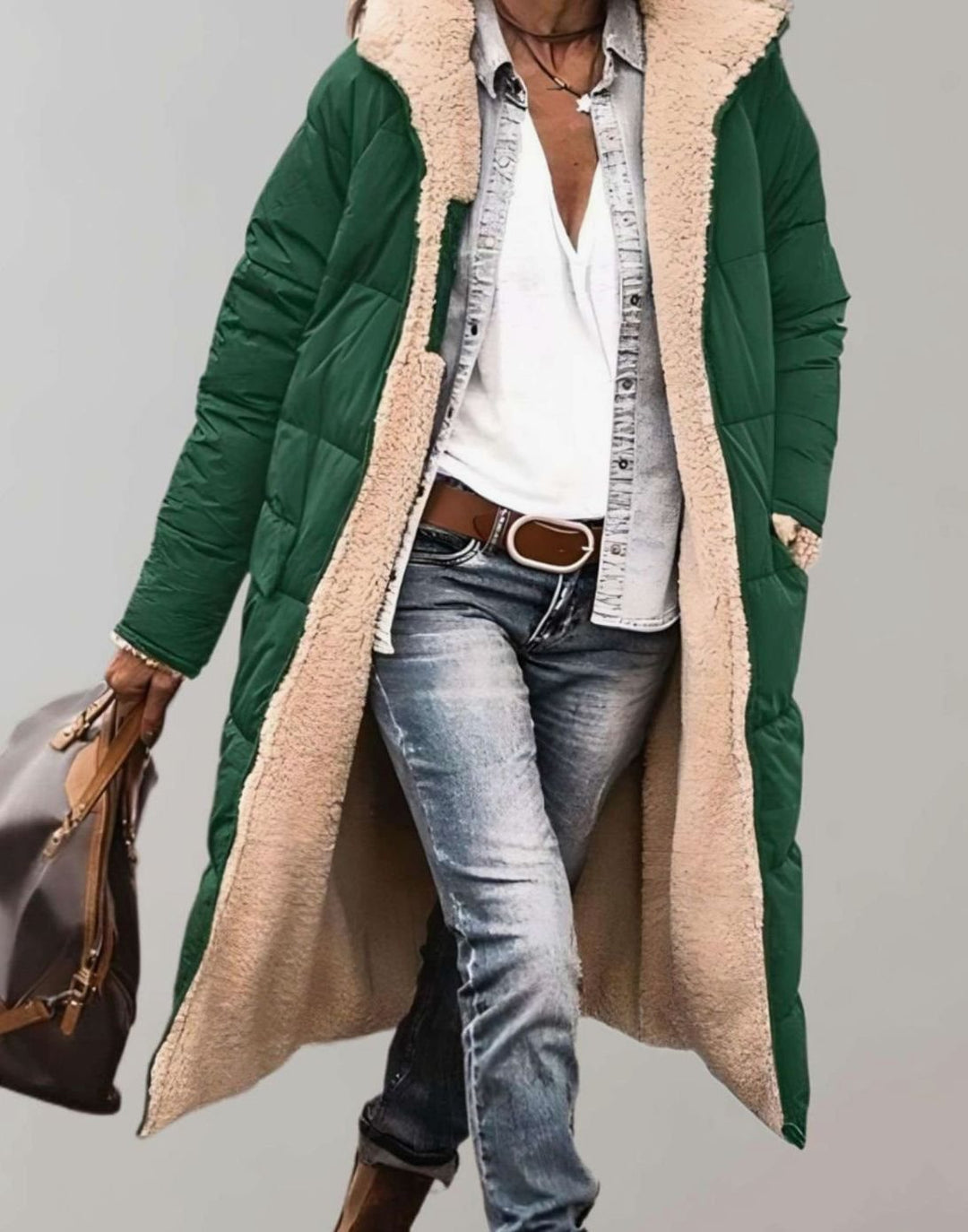 Women's Fleece-Lined Long Hooded Quilted Coat - Army Green