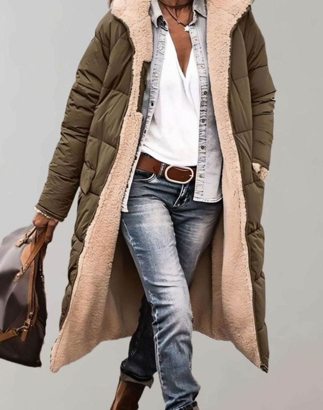 Women's Fleece-Lined Long Hooded Quilted Coat - Army