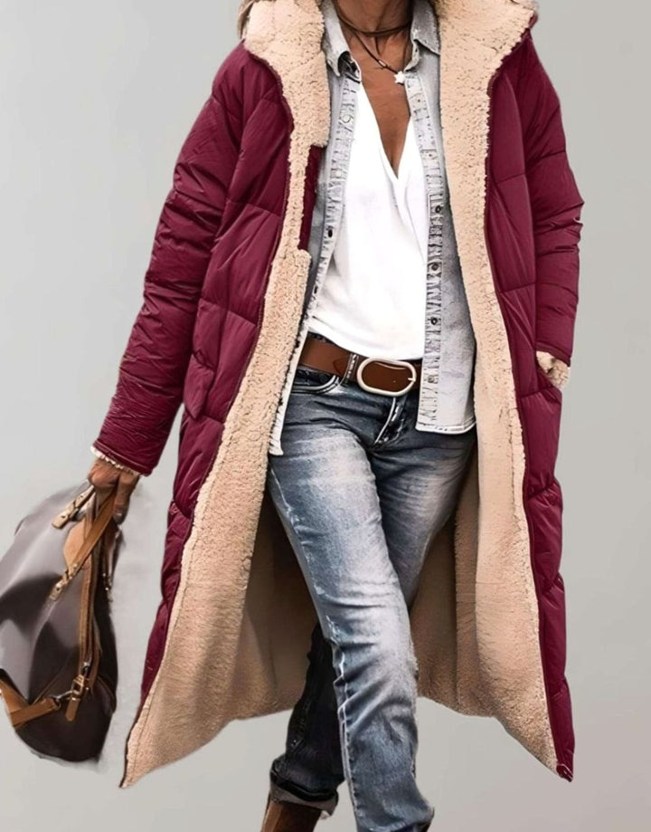 Women's Fleece-Lined Long Hooded Quilted Coat - Red