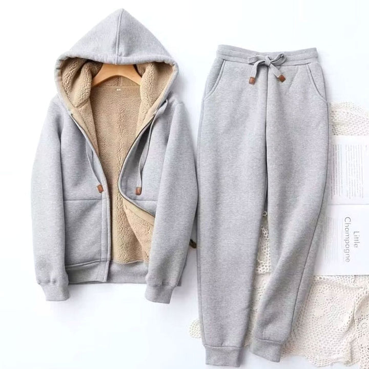 Women's Fleece-Lined Winter Hoodie Jogger Tracksuit Set - Grey