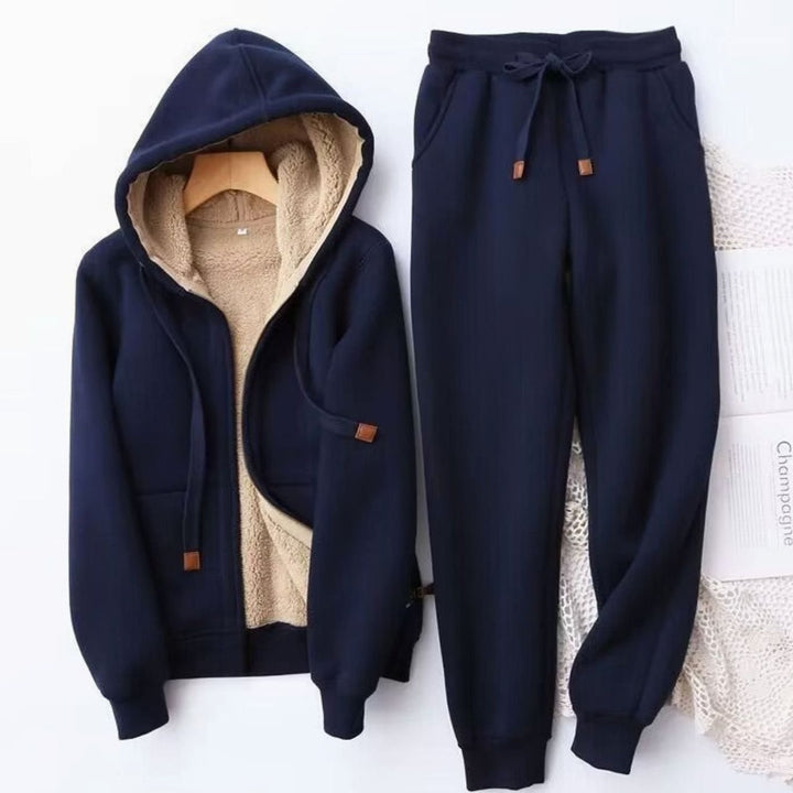 Women's Fleece-Lined Winter Hoodie Jogger Tracksuit Set - Blue