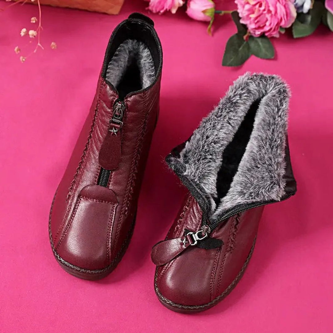 Women's Fleece-Lined Zip-Up Slip-Resistant Leather Ankle Boots