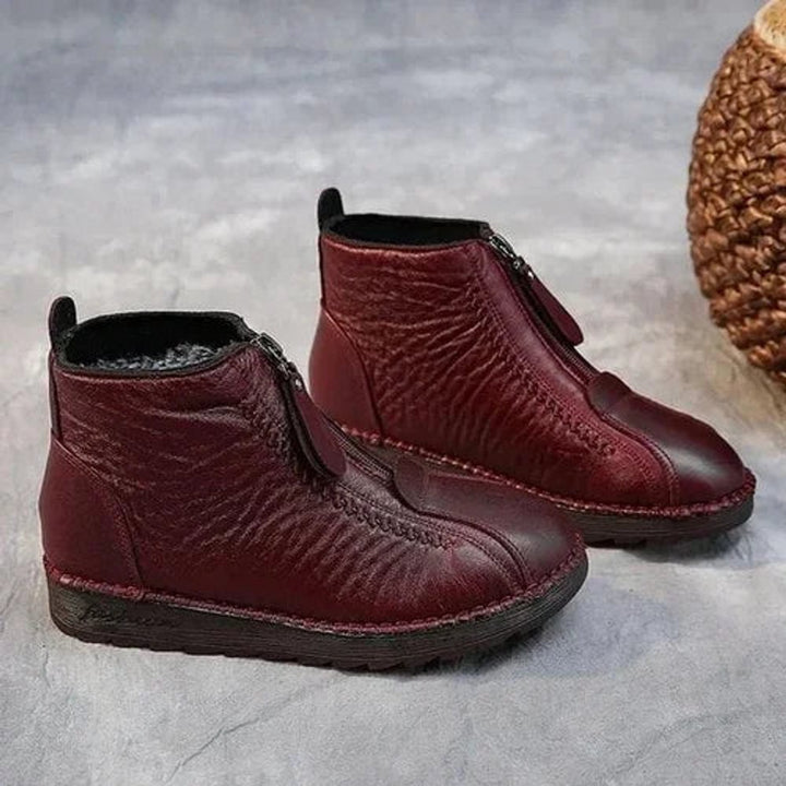 Women's Fleece-Lined Zip-Up Slip-Resistant Leather Ankle Boots - Red