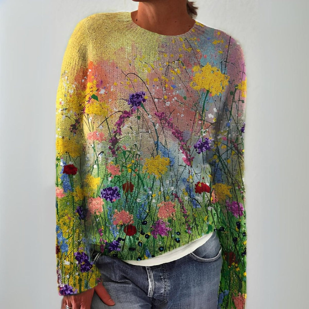Women's Floral Art Print Long Sleeve Knit Sweater - Multicoloured