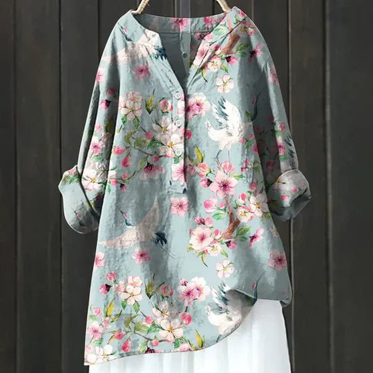 Women's Floral Blouse Relaxed Fit Long Sleeve - Light Blue