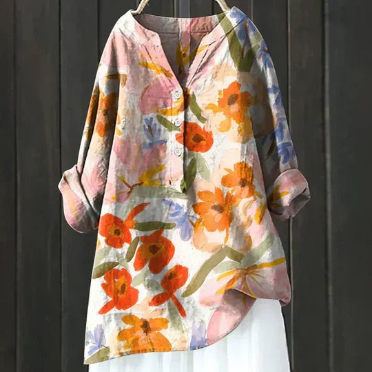 Women's Floral Blouse Relaxed Fit Long Sleeve - Orange