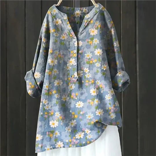 Women's Floral Blouse Relaxed Fit Long Sleeve - Blue