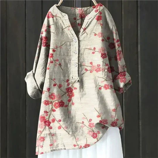 Women's Floral Blouse Relaxed Fit Long Sleeve - Red