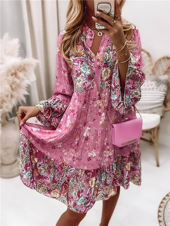 Women's Floral Boho Mini Party Dress Long Sleeve V-Neck - Pink