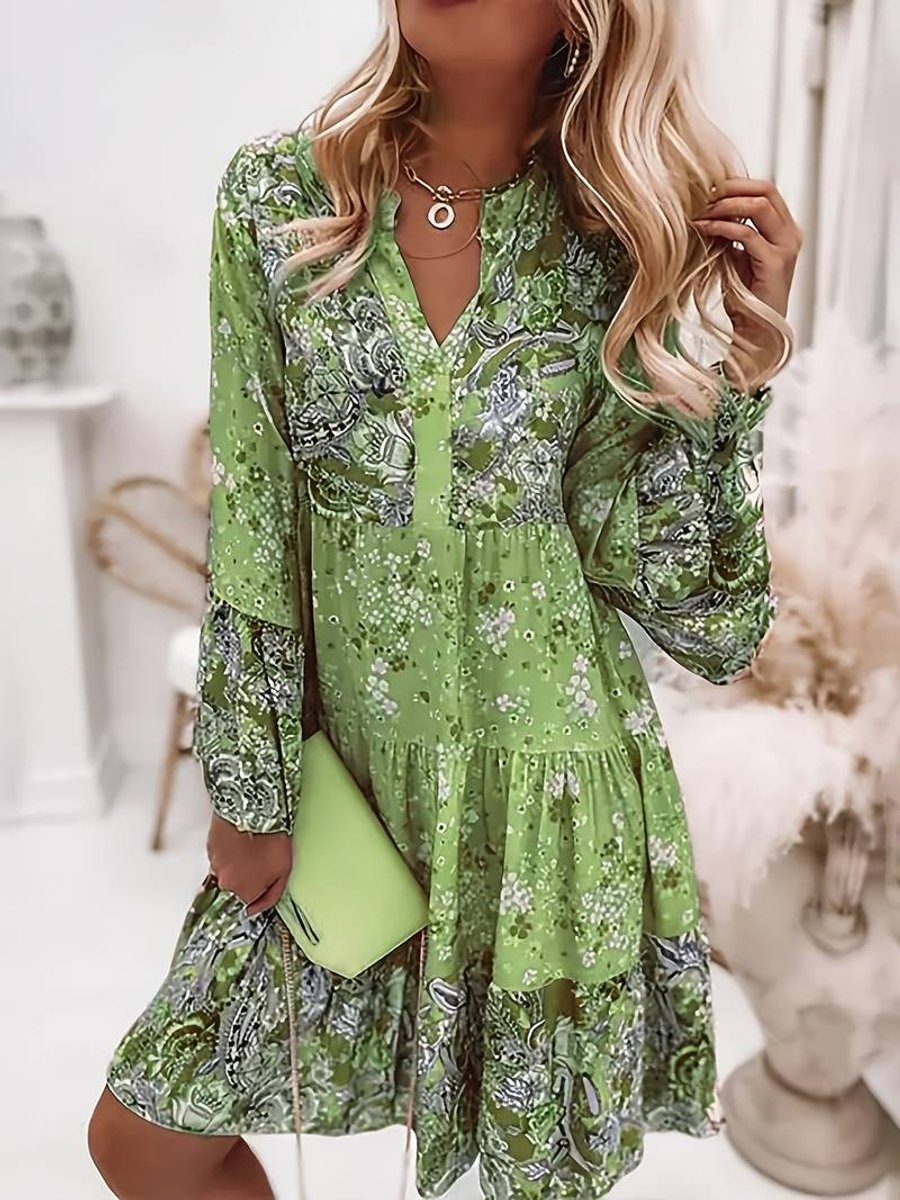 Women's Floral Boho Mini Party Dress Long Sleeve V-Neck - Green