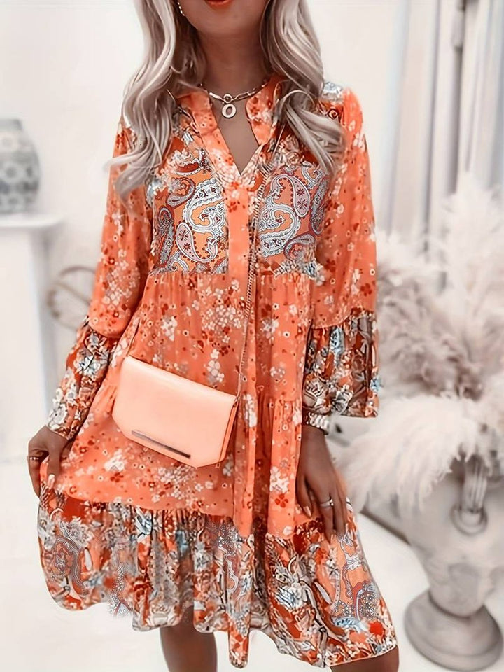 Women's Floral Boho Mini Party Dress Long Sleeve V-Neck - Orange