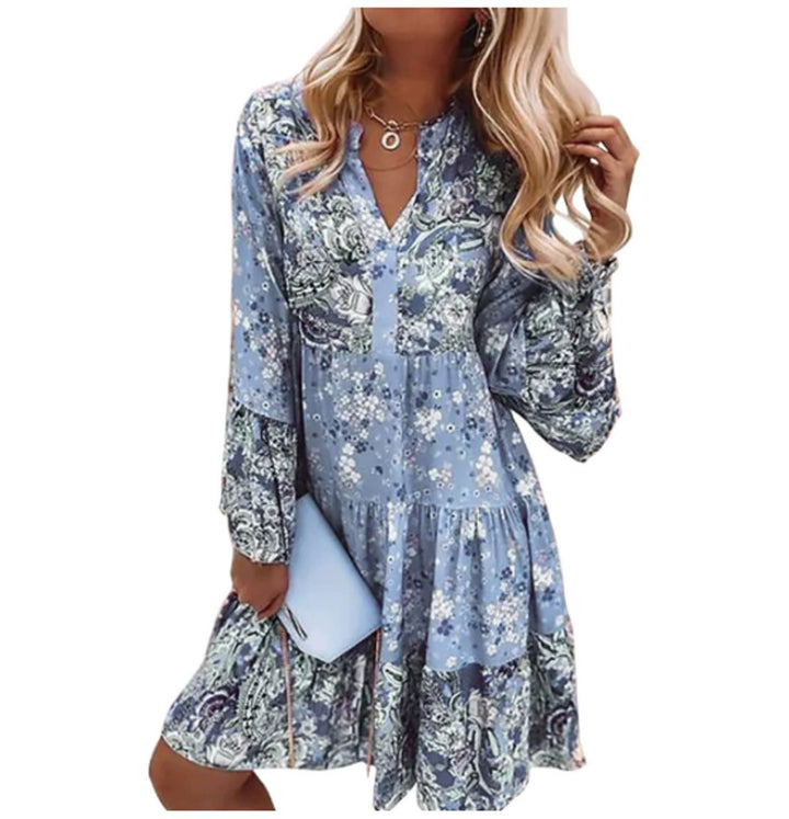 Women's Floral Boho Mini Party Dress Long Sleeve V-Neck - Blue