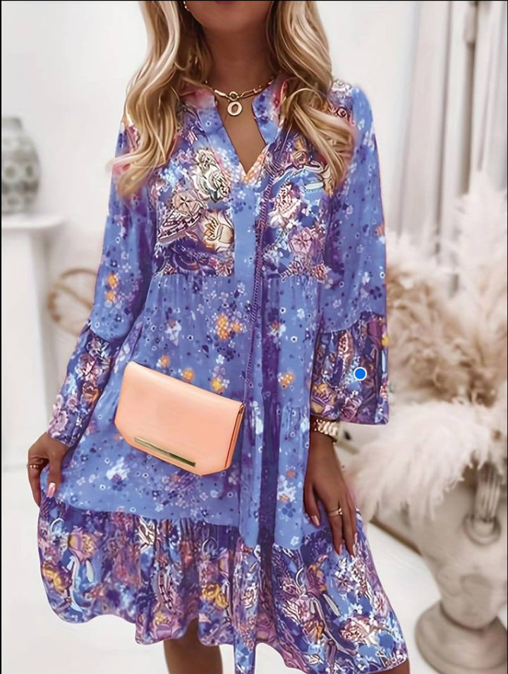 Women's Floral Boho Mini Party Dress Long Sleeve V-Neck