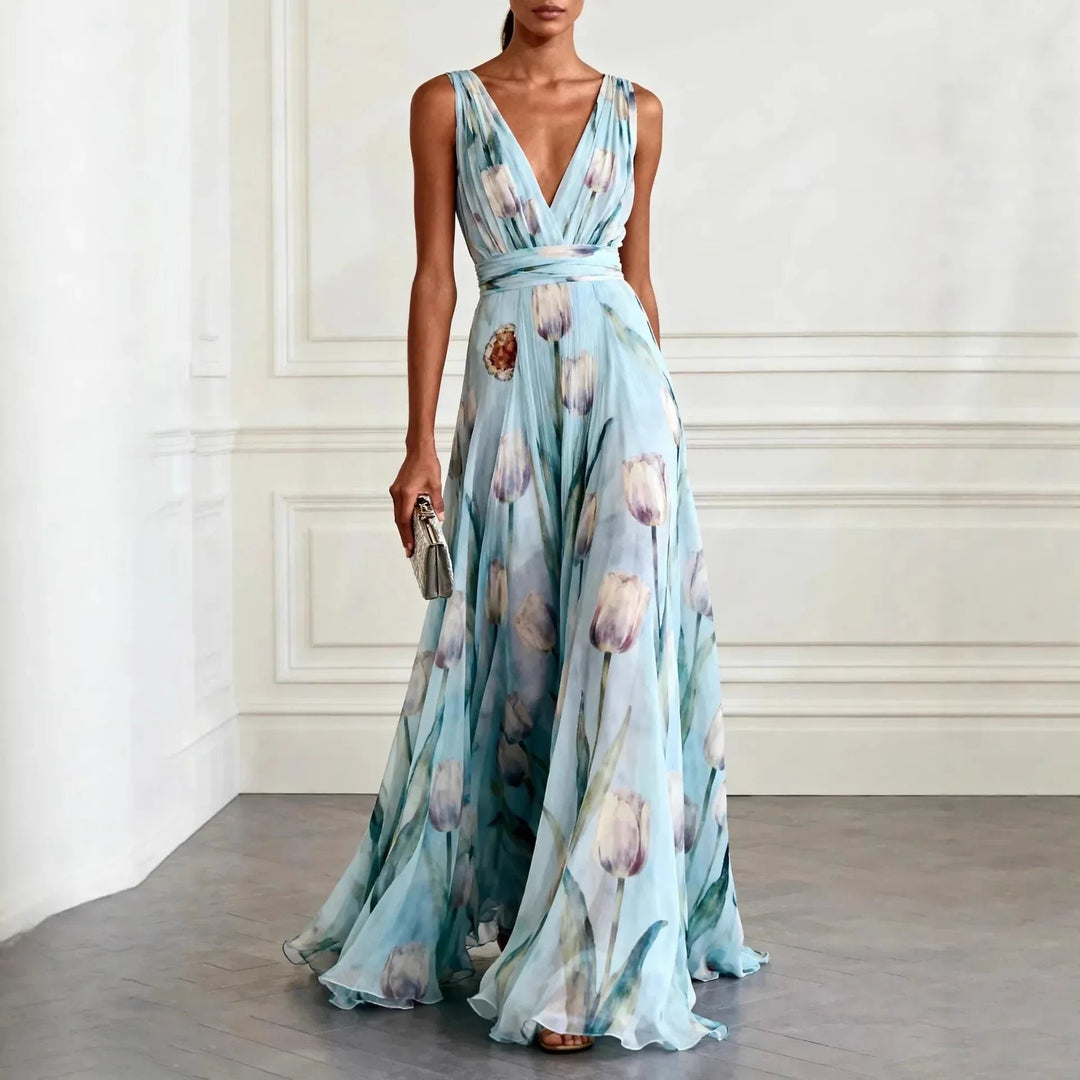 Women's Floral Chiffon Deep V-Neck Maxi Dress - Sky Blue