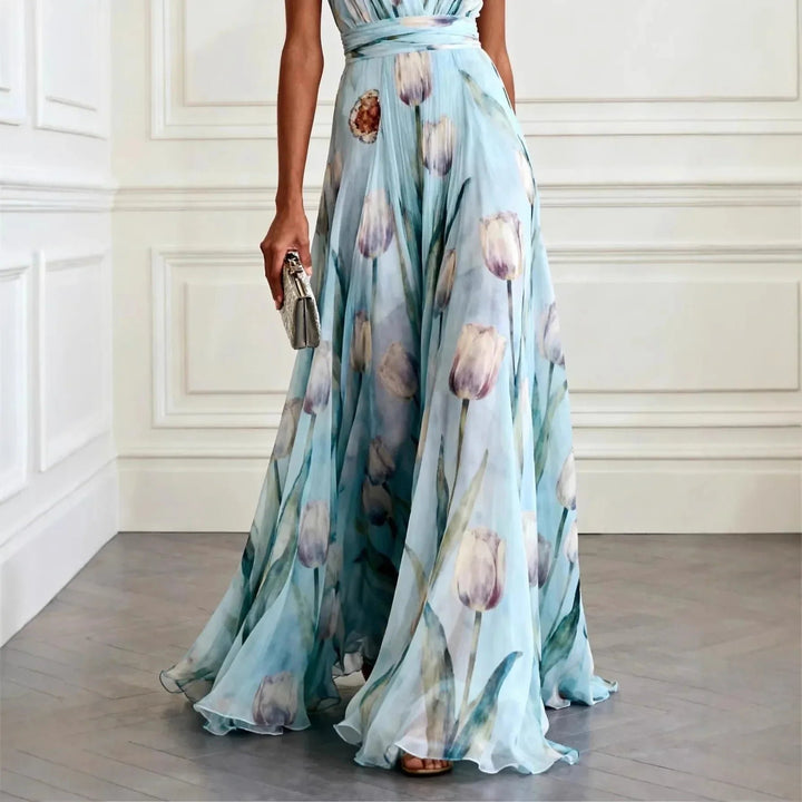 Women's Floral Chiffon Deep V-Neck Maxi Dress