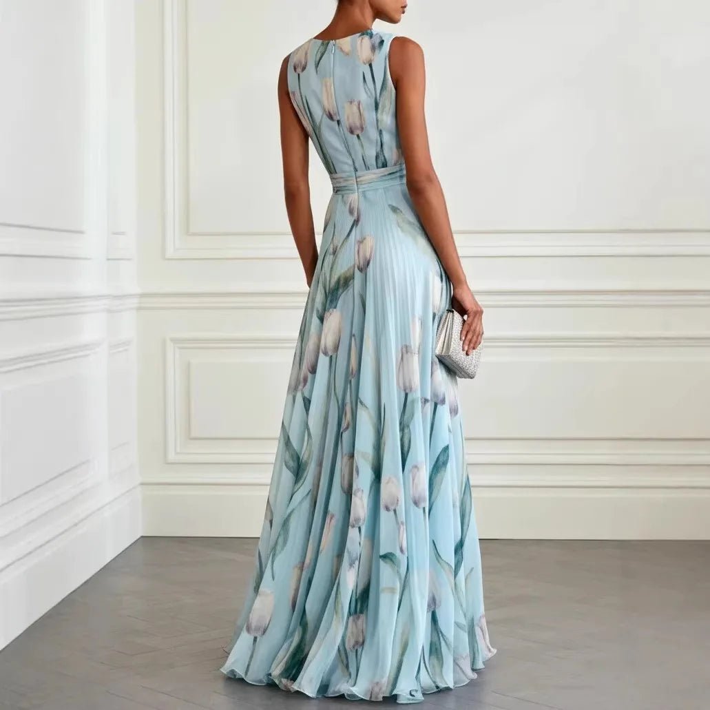 Women's Floral Chiffon Deep V-Neck Maxi Dress