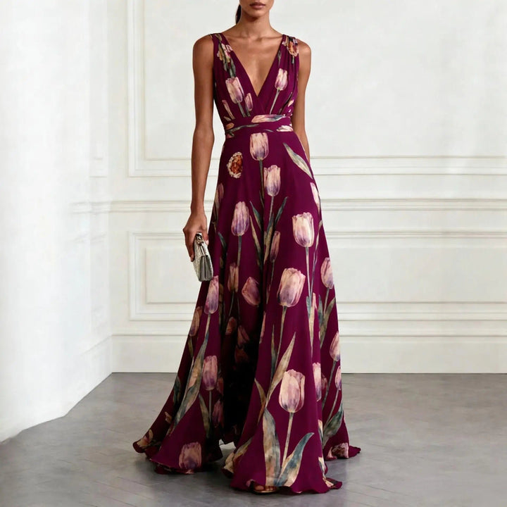 Women's Floral Chiffon Deep V-Neck Maxi Dress - Burgundy