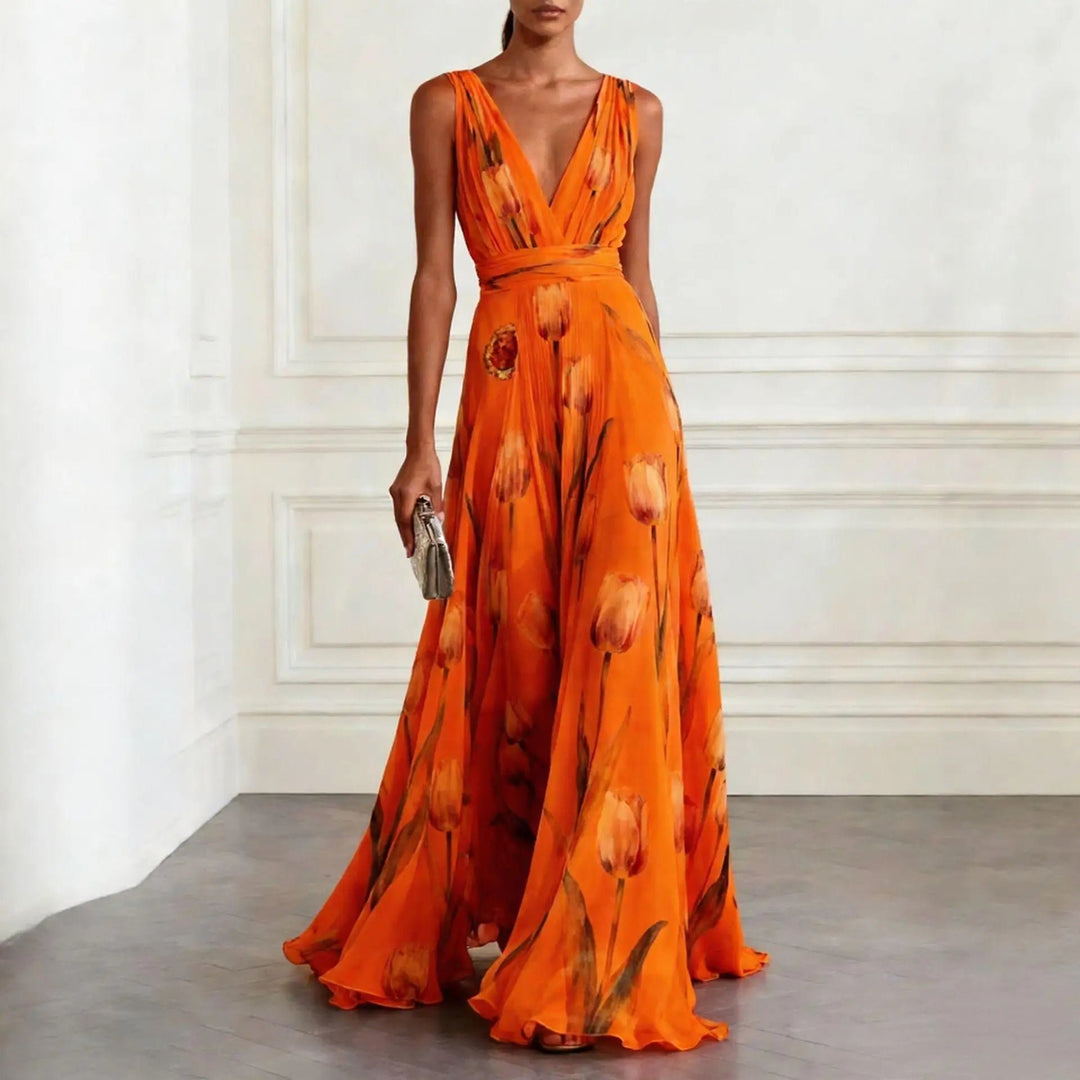 Women's Floral Chiffon Deep V-Neck Maxi Dress - Orange