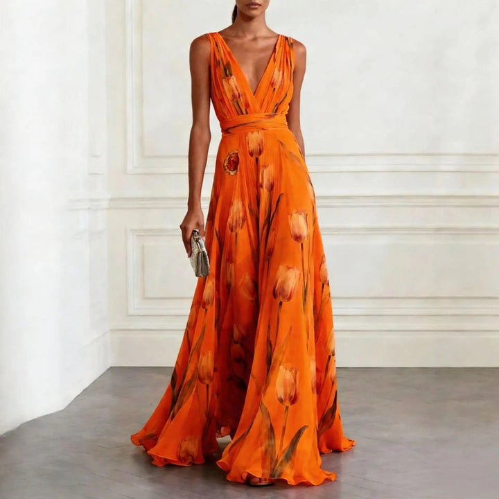 Women's Floral Chiffon Deep V-Neck Maxi Dress - Orange