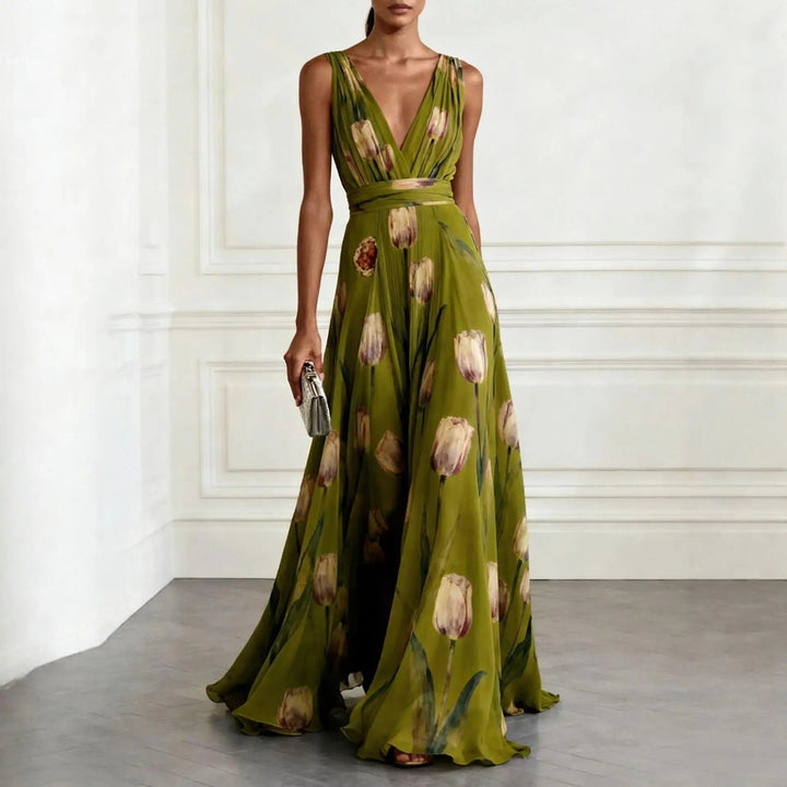 Women's Floral Chiffon Deep V-Neck Maxi Dress - Green