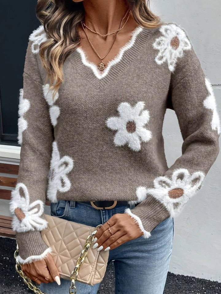 Women's Floral Daisy V-Neck Knit Sweater Jumper Long Sleeve - Khaki