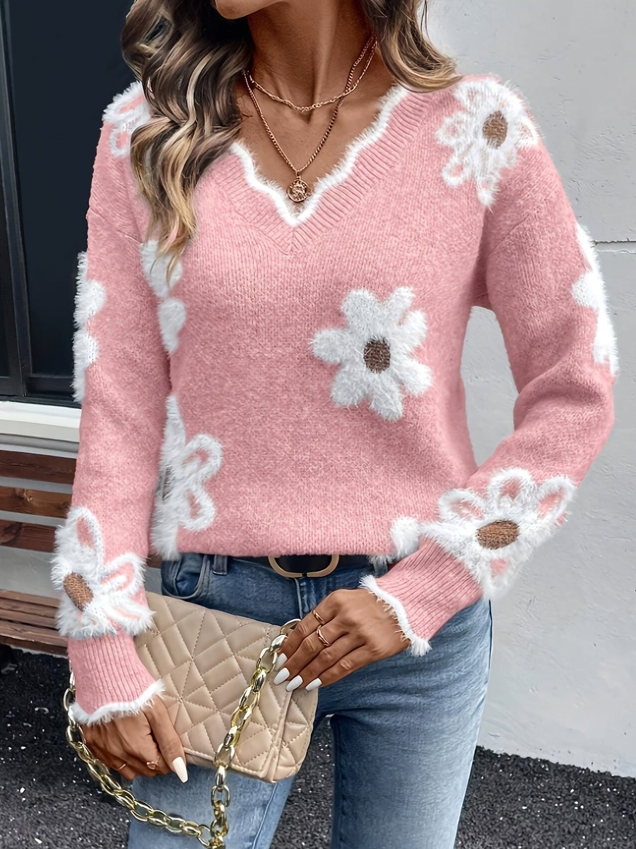 Women's Floral Daisy V-Neck Knit Sweater Jumper Long Sleeve