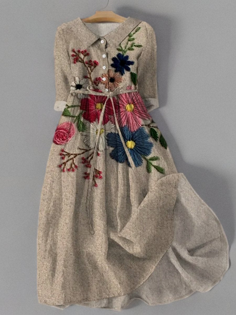 Women's Floral Embroidered Belted Long Sleeve Dress Vintage Midi - As Pictured