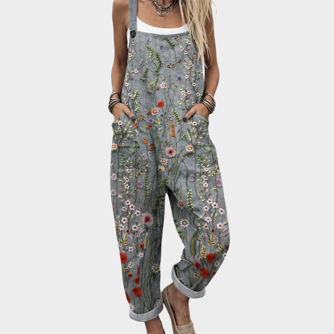 Women's Floral Embroidered Linen Dungaree Jumpsuit - Grey / Floral