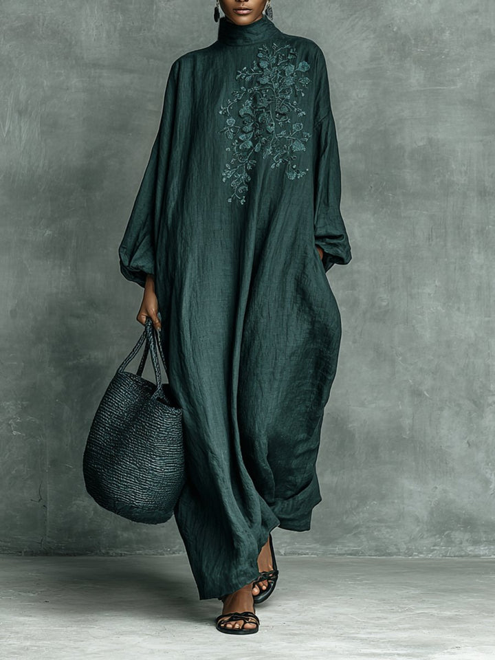 Women's Floral Embroidered Mock-Neck Maxi Long Sleeve Dress