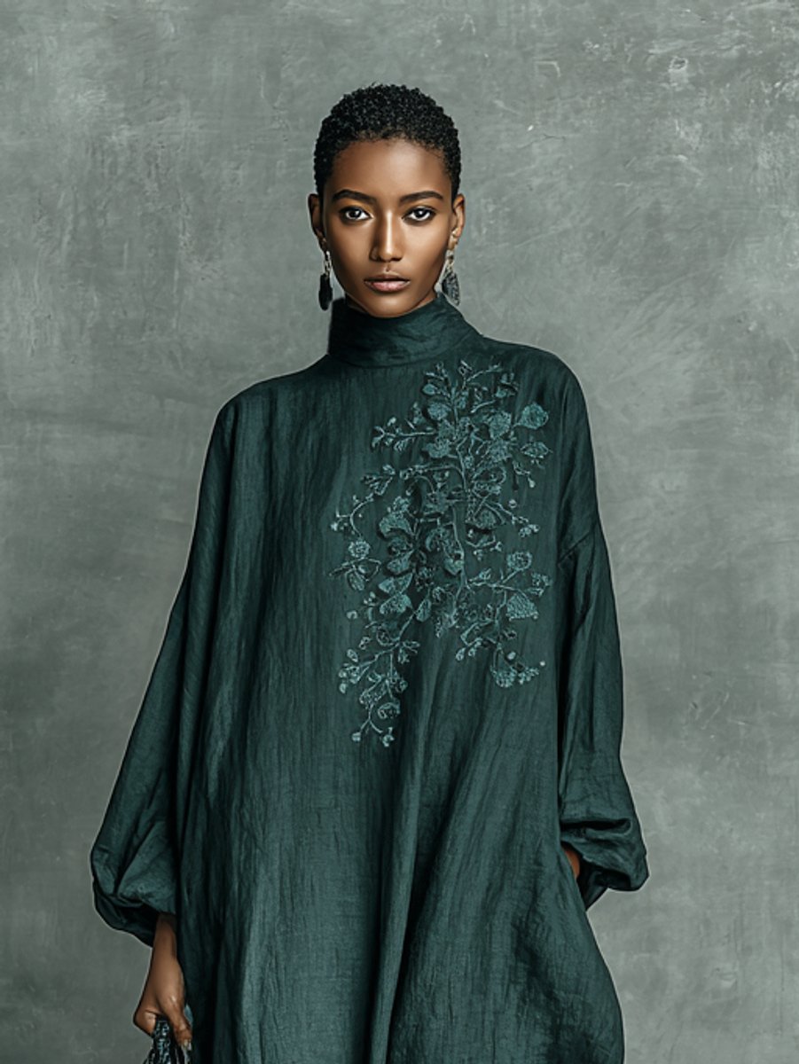 Women's Floral Embroidered Mock-Neck Maxi Long Sleeve Dress