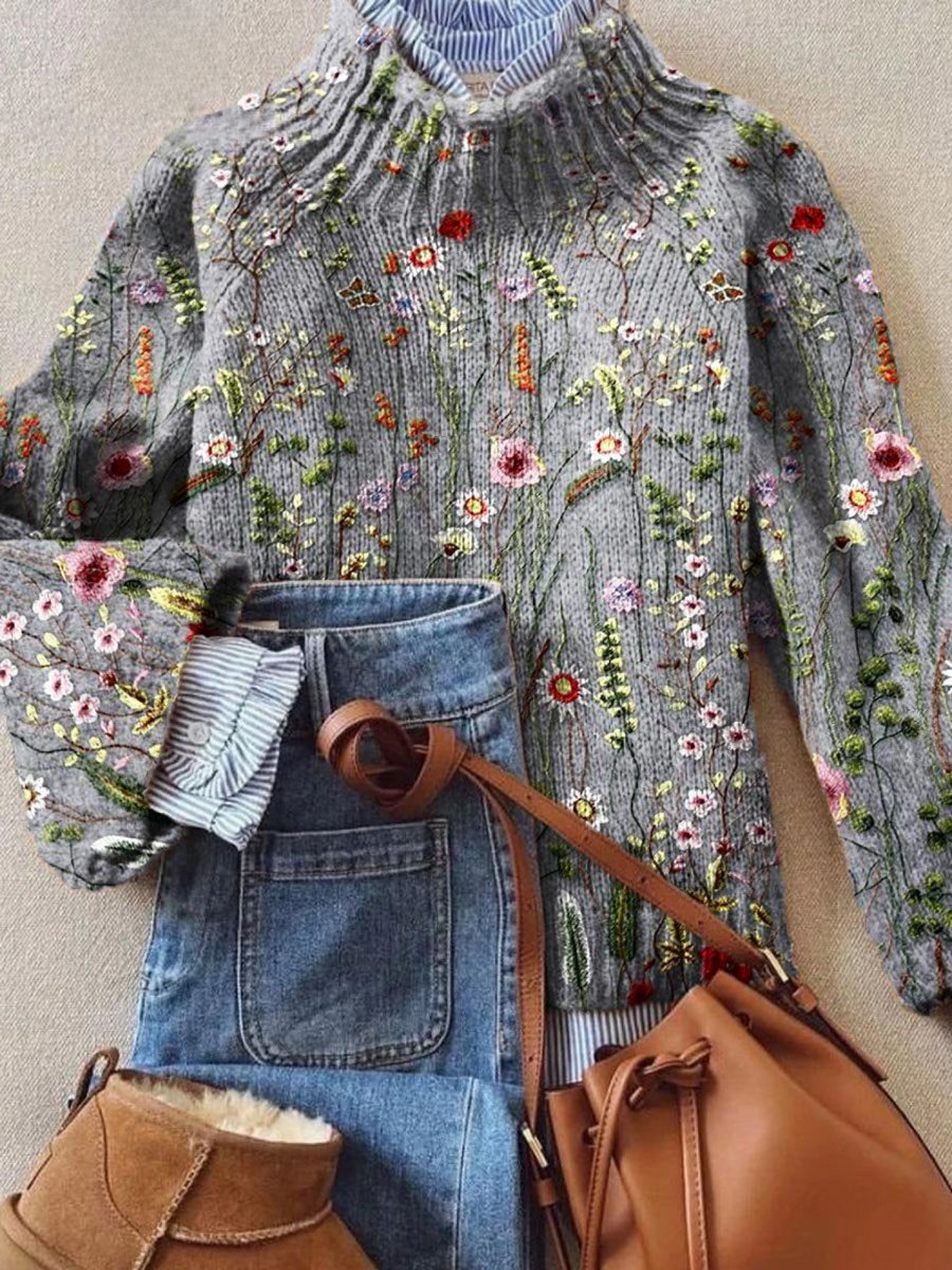 Women's Floral Embroidered Turtleneck Sweater Relaxed Knit Jumper - Multicoloured
