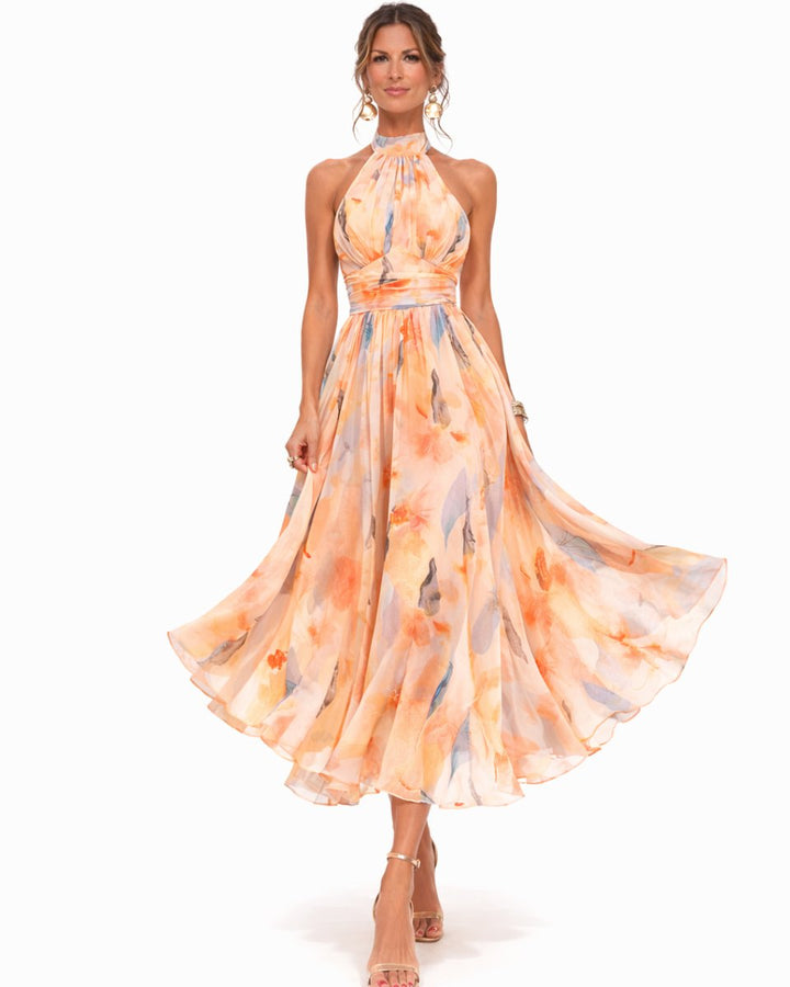 Women's Floral Halter Neck Chiffon Midi Dress